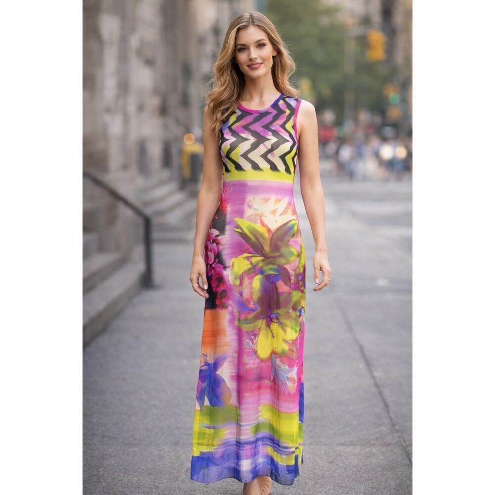 B44 Fuzzi Floral Mesh Maxi Dress Womens Small‎ Sleeveless Resortcore Euro Summer